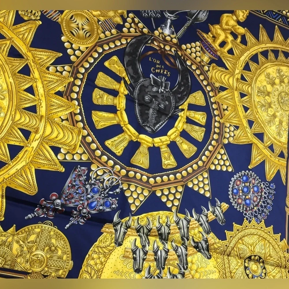 Hermès Scarf “L'or des Chefs” Navy & Gold 100% Silk Scarf ~ RARE! ~ Includes Box